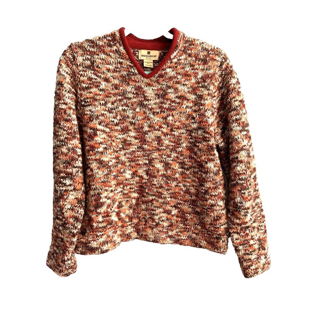 Vintage Womens Woolrich Multicolor Wool Blend Sweater Red Suede Trim Size S